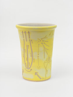 Lymphatic II
2022 A large yellow wheel-thrown ceramic cylinder that is wider at the top with a white interior. The surface is carved with lines that indicate directional movement of lymphatic fluid in the human body.