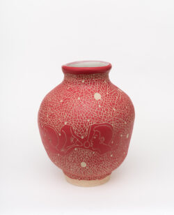 Neural III
2022 A large red wheel-thrown ceramic vessel that has a wide round shoulder and comes to a smaller opening at the top with a white interior. The surface is carved with images of a face and the tongue licking a ball on a string, anatomical drawings of the clitoris, surrounded by abstract lines and pattern.