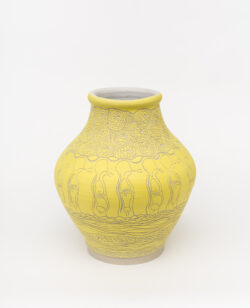 Circulatory III
2022 A large yellow wheel-thrown ceramic vessel that has a wide round shoulder and comes to a smaller opening at the top with a white interior. The surface is carved with diagrams of circular breathing and patterns of cells.