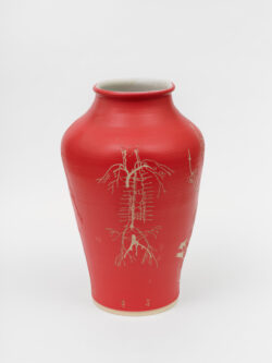 Lymphatic I
2022 A large red wheel-thrown ceramic vessel that has a wide shoulder and comes to a smaller opening at the top with a white interior. The surface is carved with several diagrams representing the lymphatic system of the human body.