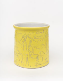 Muscular II
2022 A large yellow wheel-thrown ceramic cylinder with a white interior. The surface is carved with lines that look like constellations or pathways of the body.