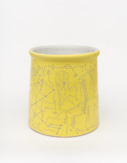 Muscular II
2022 A large yellow wheel-thrown ceramic cylinder with a white interior. The surface is carved with lines that look like constellations or pathways of the body.