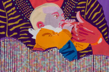 Detail of the textile, St. Lois Ann Tracey Meets Her Great Grandchild. The detail highlights the babies face.
