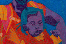 Detail of the quilt Marilyn and her Mother: Fearless Life Adventurers. The Detail shows the child's face with the swirling light blue stitching over top.
