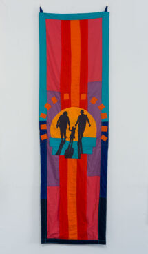 A pink, red and orange banner with blue highlights. In the center is an image of a silhouette of two adults with a child between them walking into the sunset.
