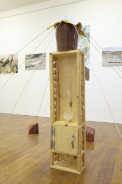 Kombucha House
2015 Image of a cabinet like structure holding a glass spoon inside it. On top of the structure is a blown glass vessel with brown liquid inside of it. There is a sewn cloth on top of the vessel that is being held down by strings that are tied to several large chunks of red wood that form a circle on the ground around the structure.