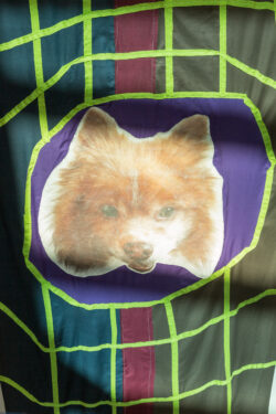 Detailed image of one of the banners in the exhibition Mr. Snuggles Forever. The banner shows a large cut out picture of Mr. Snuggles' face in the middle of a green grid, much like a matrix.